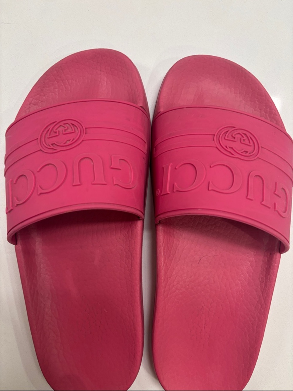 Gucci Hot Pink Embossed Logo Slide Sandals